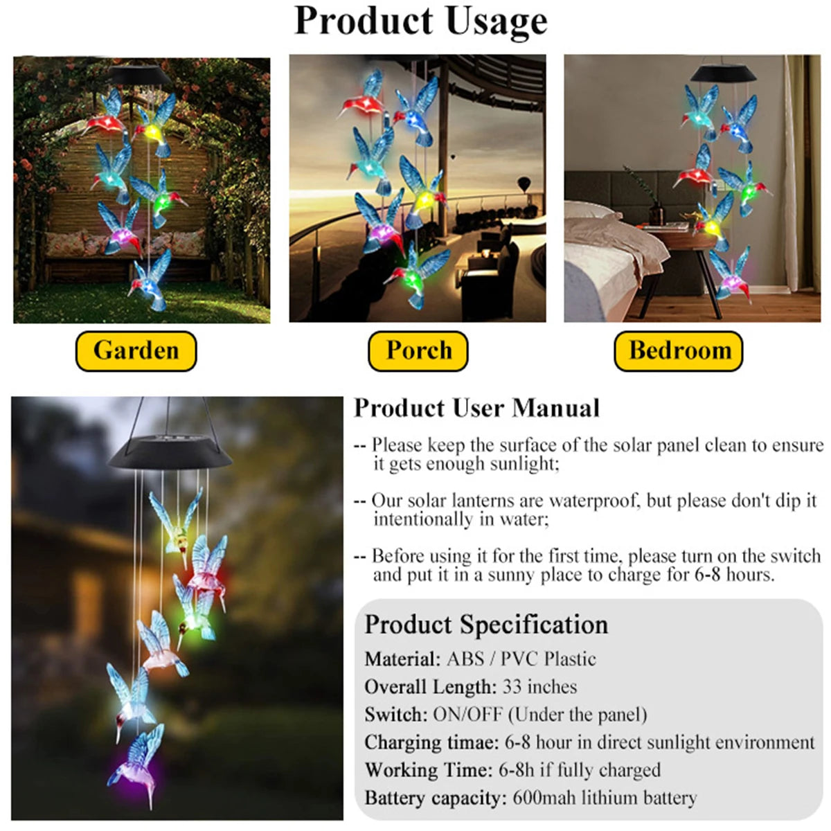 Solar Hummingbird Wind Chime Light