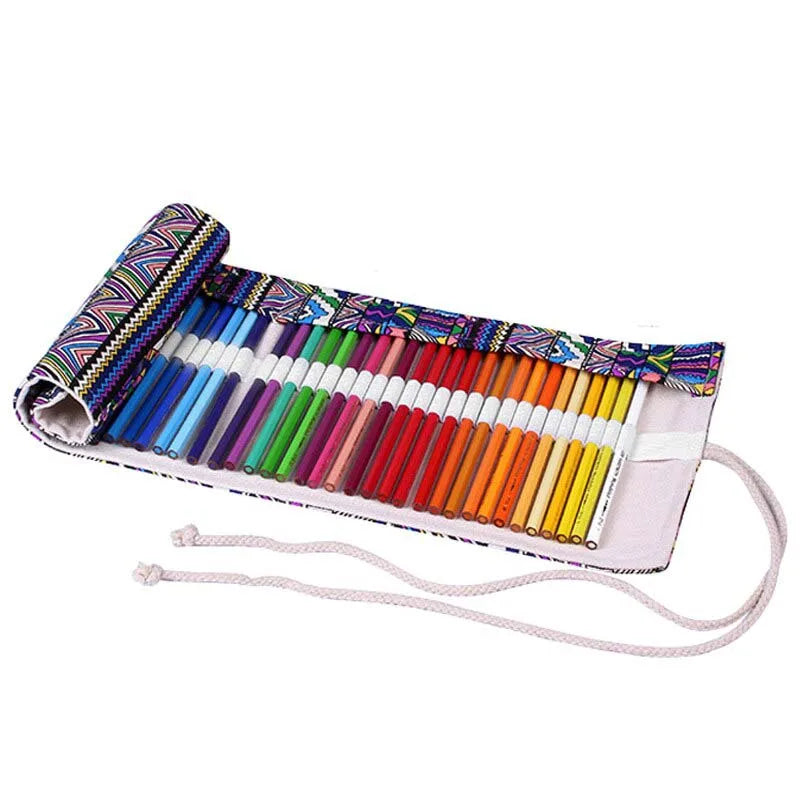Canvas Roll-Up Pencil Case with Multi-Slot Storage