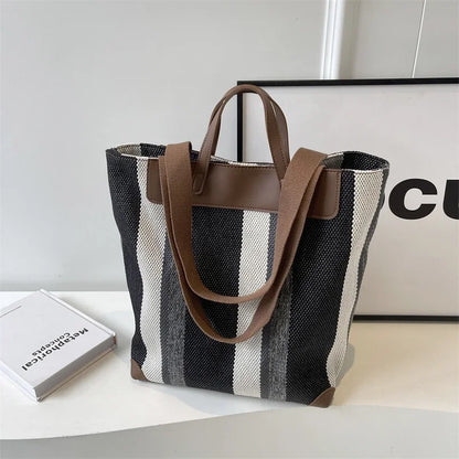 Striped Canvas Shoulder Tote Bag