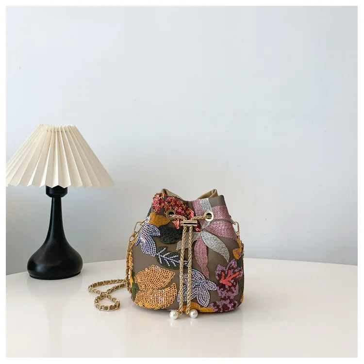 Floral Embroidered Bucket Crossbody Bag