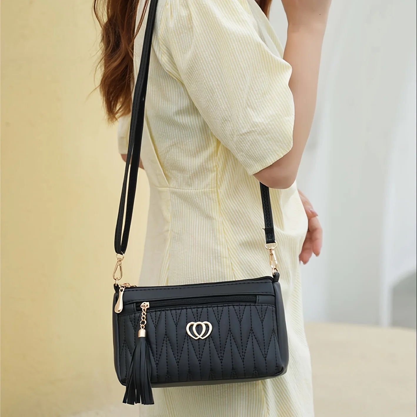 Quilted Handbag with Tassel & Phone Wallet Storage