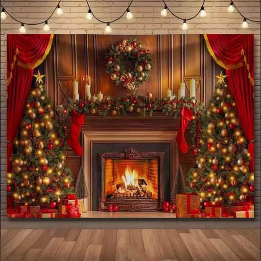 Vintage Christmas Fireplace Photography Backdrop