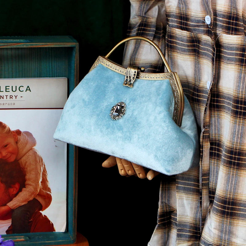 Vintage Aqua Velvet Clasp Evening Clutch Bag