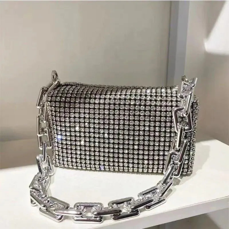 Rhinestone Bucket Bag – Glitter Chain Mini Crossbody Purse