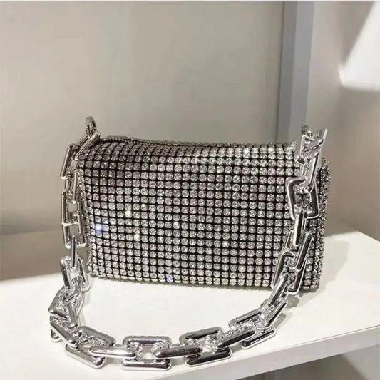 Rhinestone Bucket Bag – Glitter Chain Mini Crossbody Purse