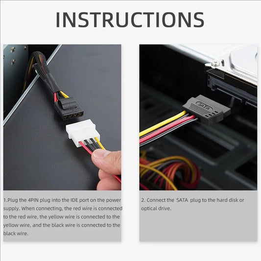 Dual SATA 15-Pin & 4-Pin Molex Power Splitter Cable for PC Hard Drives and SSDs