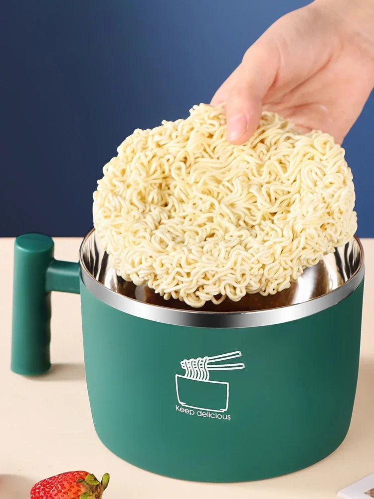 Insulated Stainless Steel Instant Noodle Bowl with Lid & Built-In Strainer