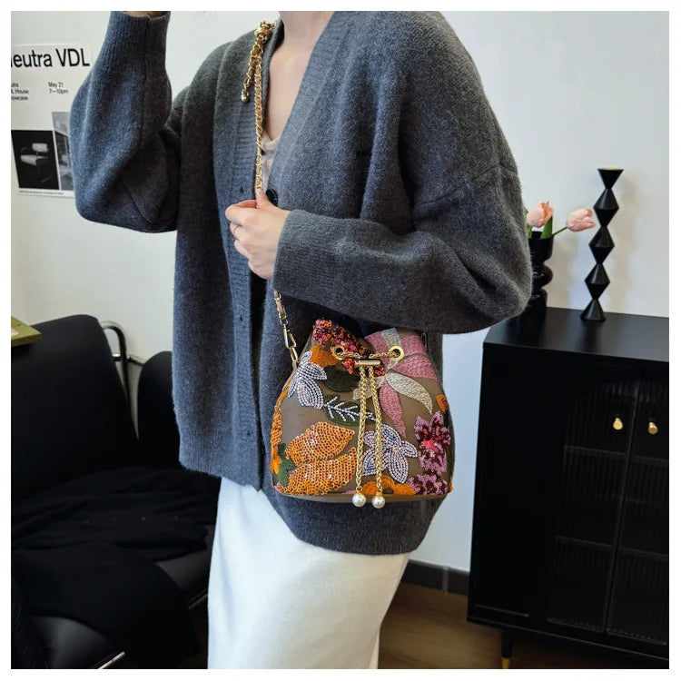 Floral Embroidered Bucket Crossbody Bag