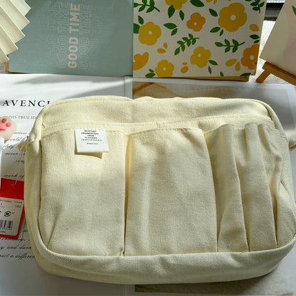 Large Capacity Canvas Pencil Case with Multi-Layer Storage