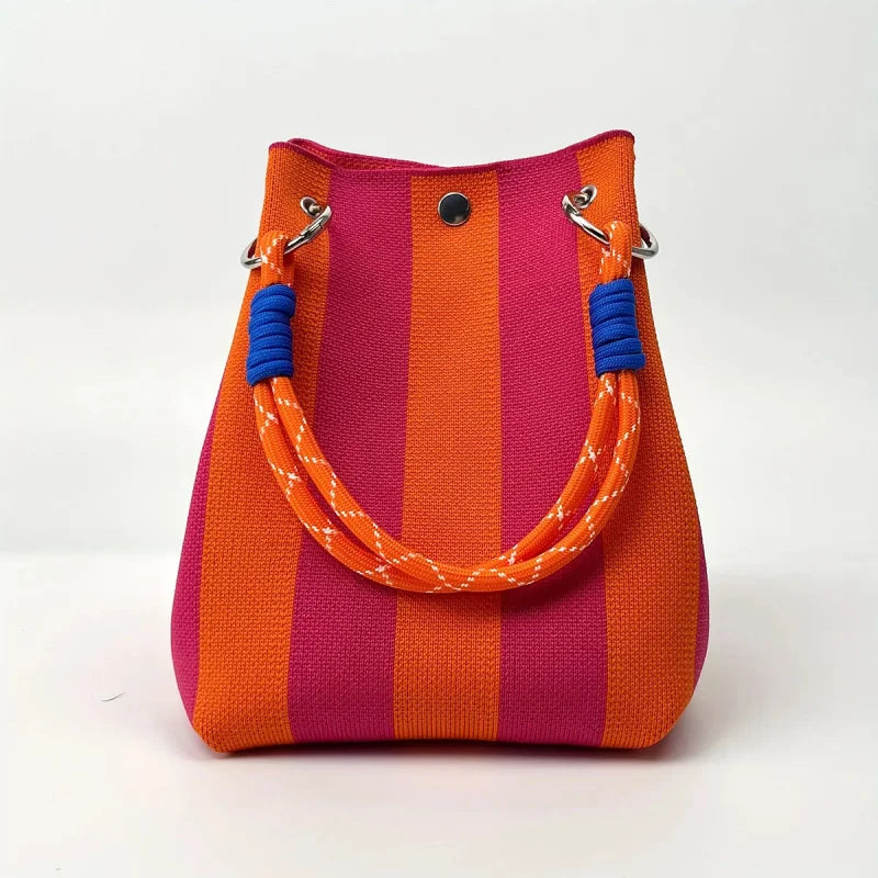 Color Block Knitted Cotton Bucket Tote Bag