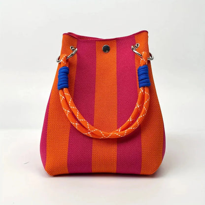 Color Block Knitted Cotton Bucket Tote Bag