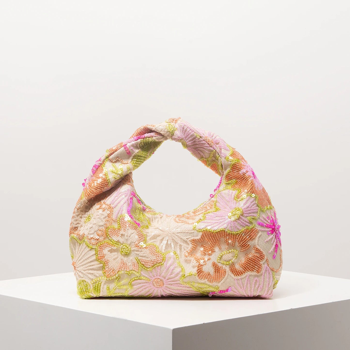 Floral Sequin Half-Moon Evening Bag