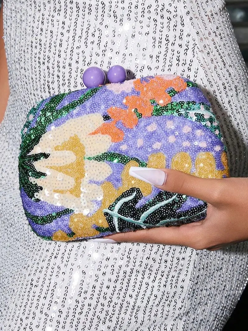 Floral Sequin Minaudière Evening Clutch Bag