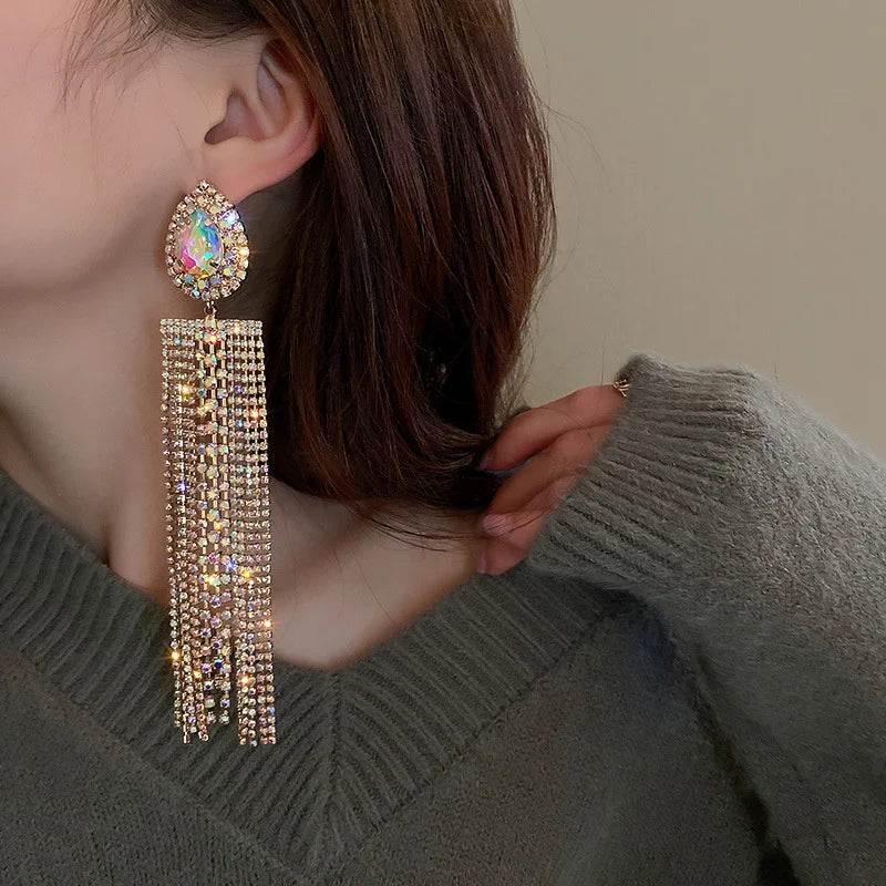 Water Drop Crystal Long Tassel Earrings