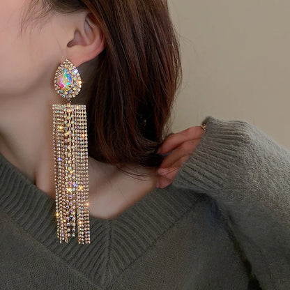 Water Drop Crystal Long Tassel Earrings