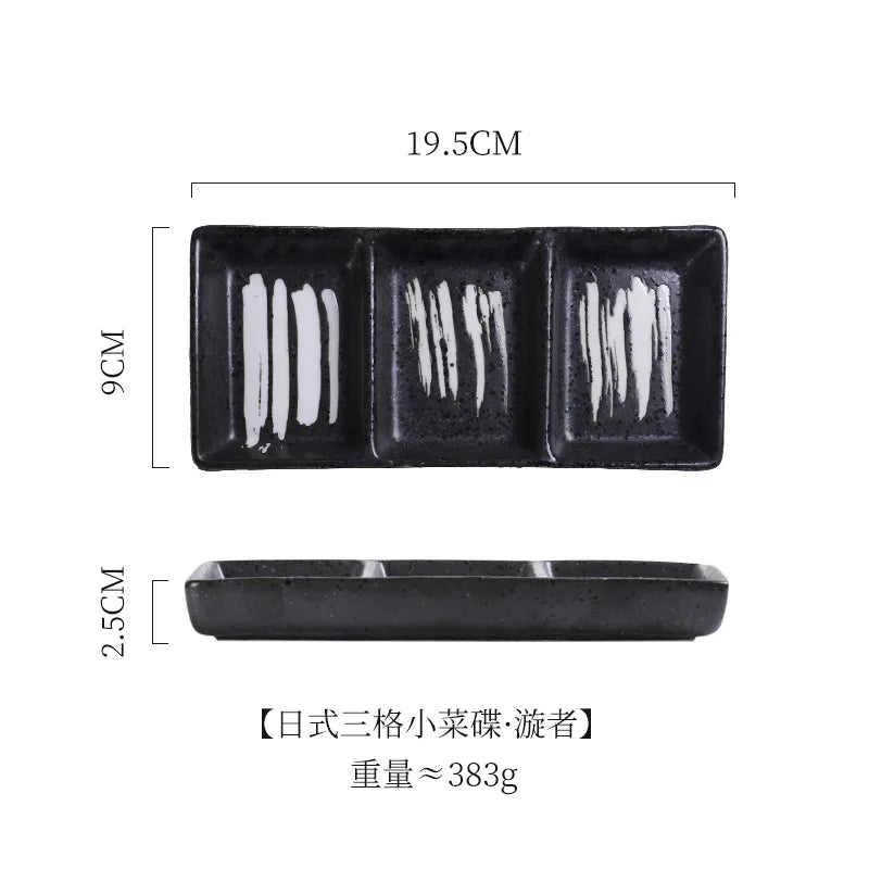 Japanese 3-Compartment Ceramic Sauce & Sushi Dish