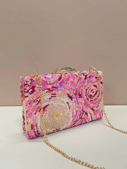 Pink Floral Sequin Evening Clutch