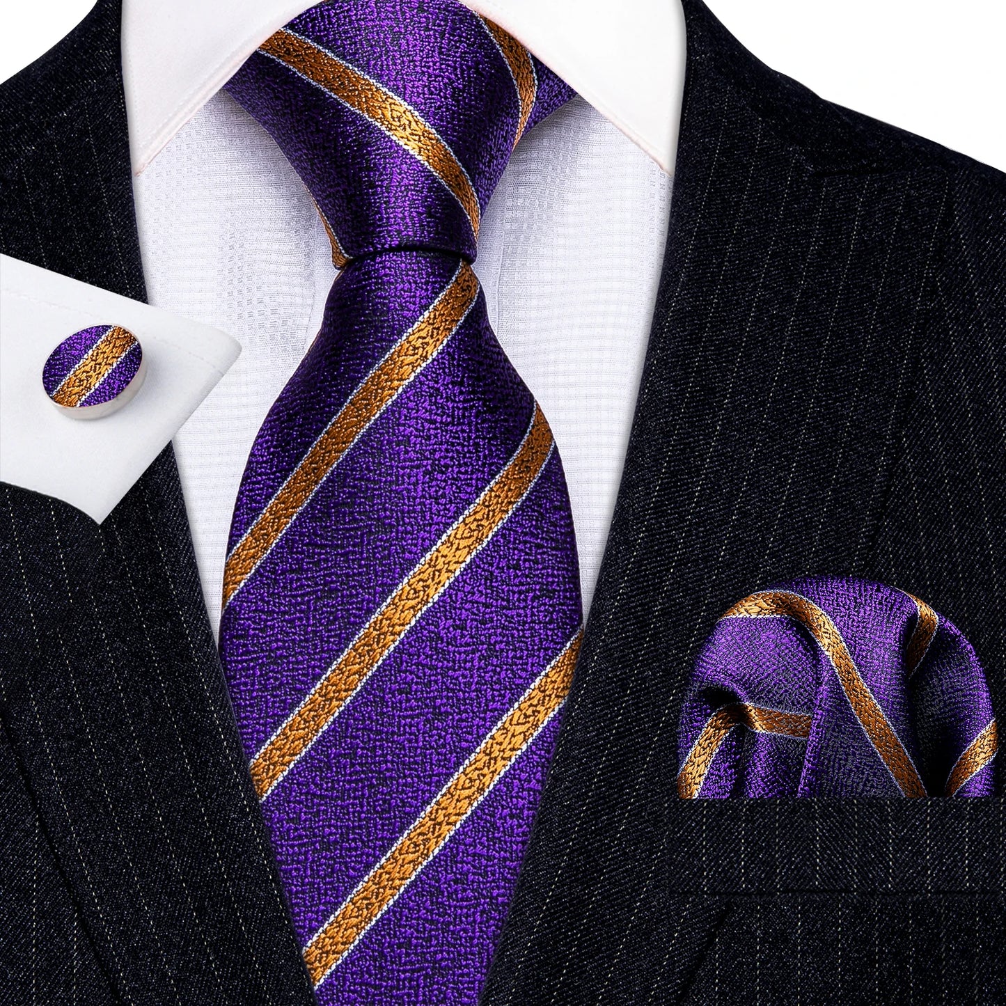 Barry Wang Jacquard Striped Silk Men's Tie Pocket Square Cufflinks Set