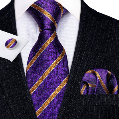Barry Wang Jacquard Striped Silk Men's Tie Pocket Square Cufflinks Set