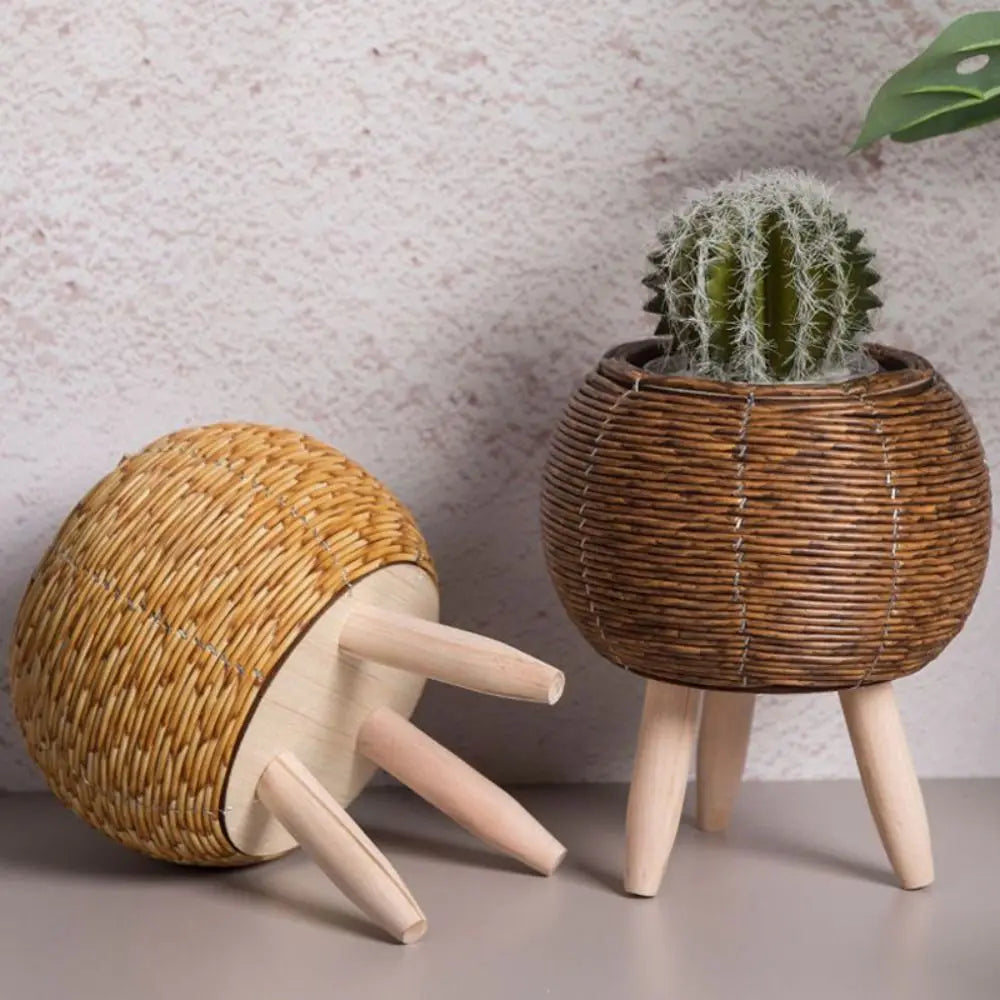 Nordic Rattan Style Plant Pot with Wooden Legs