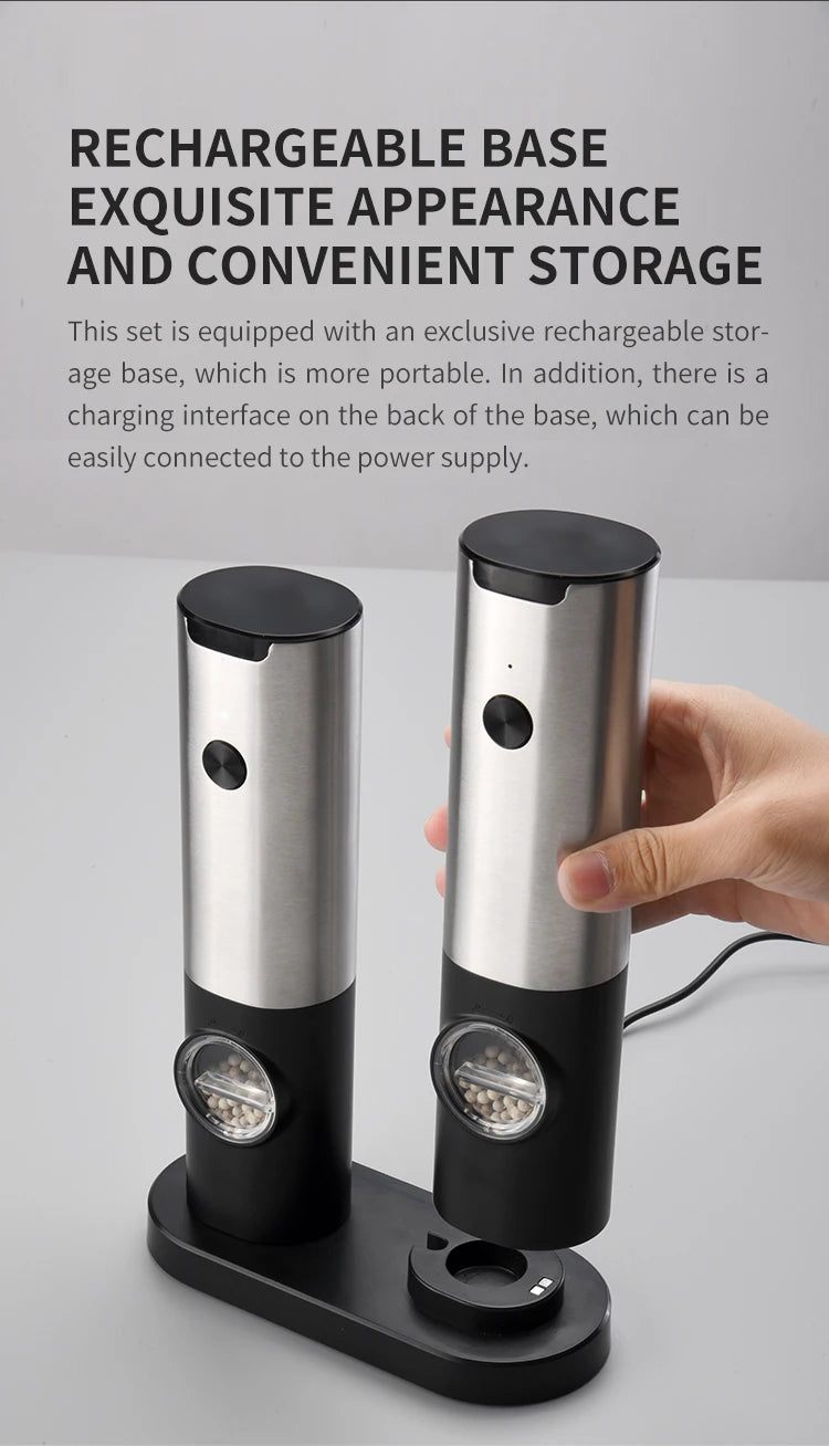 Electric Stainless Steel Spice Grinder with LED Light & Charging Base