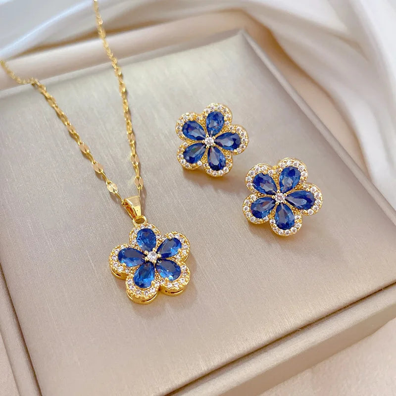 Stainless Steel Lovely Blue Pink Flowers Pendant Necklace Earrings Set