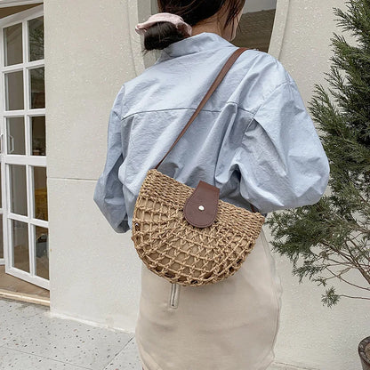 Handmade Half Moon Straw Crossbody Bag