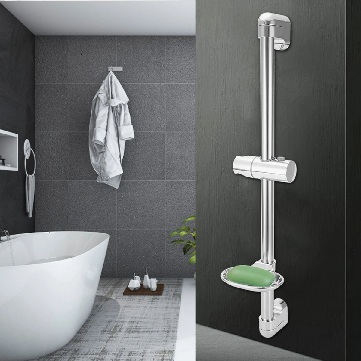 Stainless Steel Shower Slide Bar with Adjustable Holder & Soap Rack
