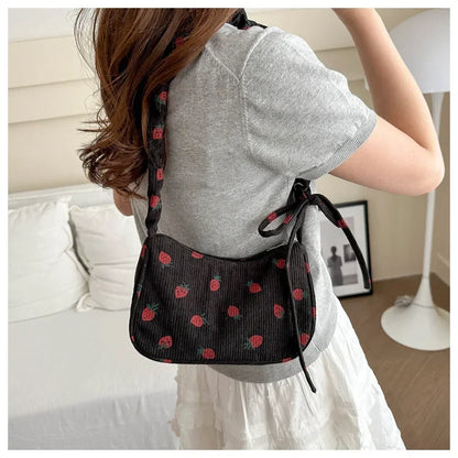 Strawberry Print Corduroy Mini Shoulder Bag