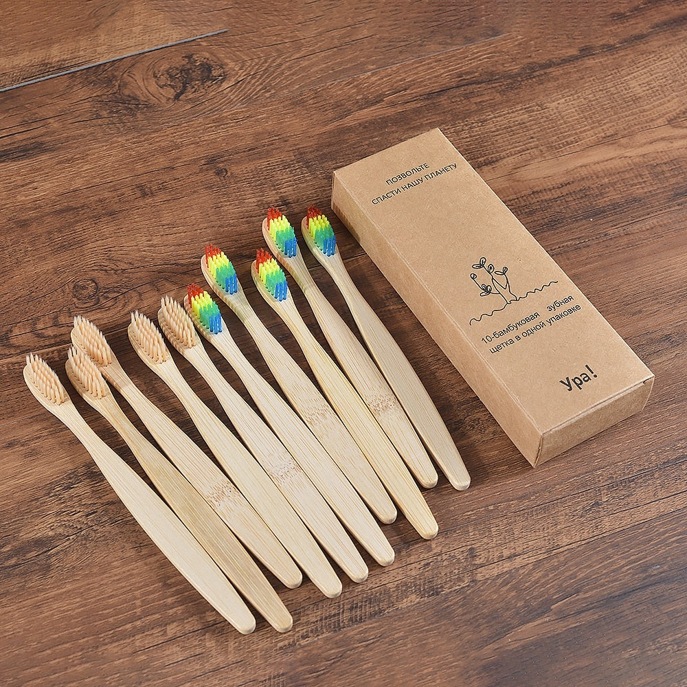 10PCS Natural Bamboo Colourful Toothbrush