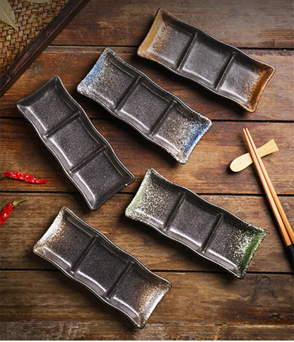 Japanese 3-Compartment Ceramic Sauce & Sushi Dish
