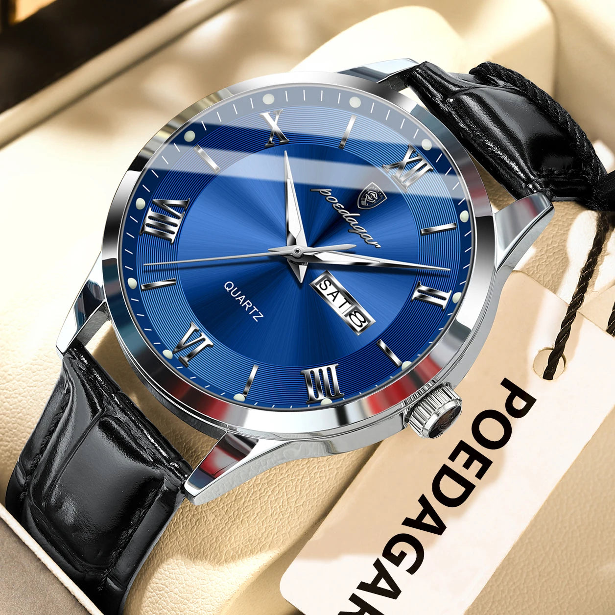 Men's Leather Quartz Watch with Date & Week Display