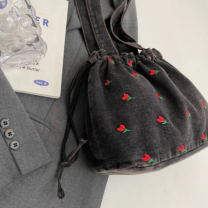 Embroidered Denim Drawstring Shoulder Tote Bag
