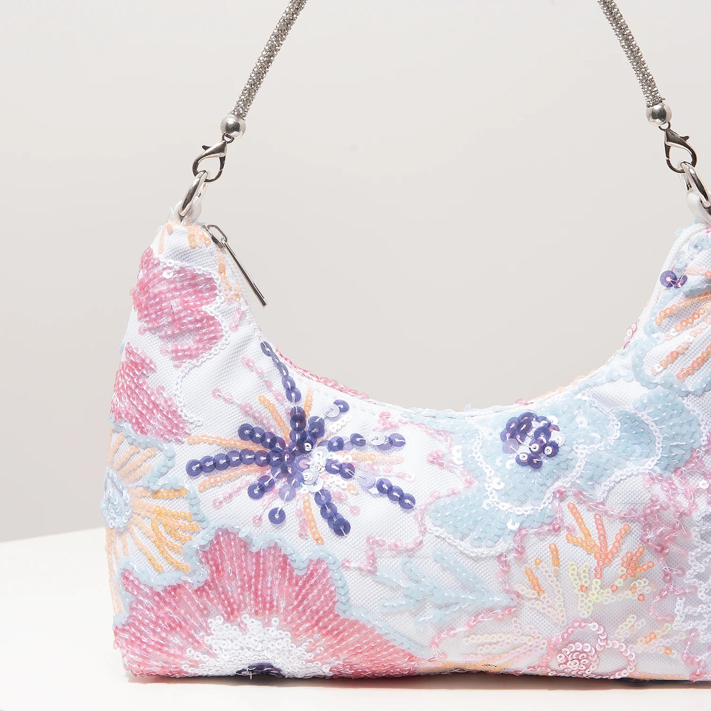 Floral Embroidered Sequin Shoulder Bag
