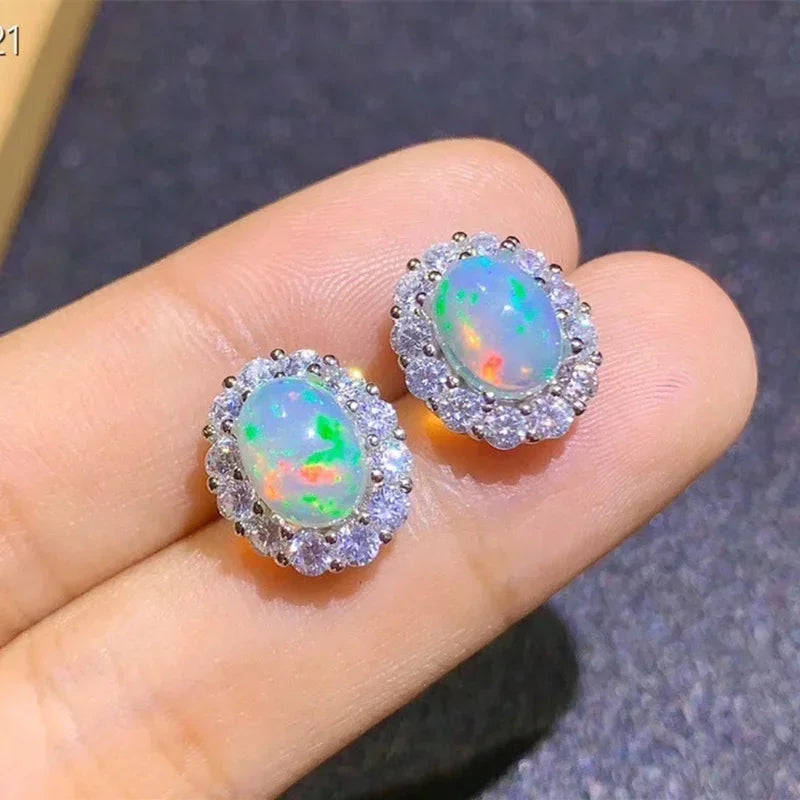 925 Sterling Silver Oval Opal Stud Earrings