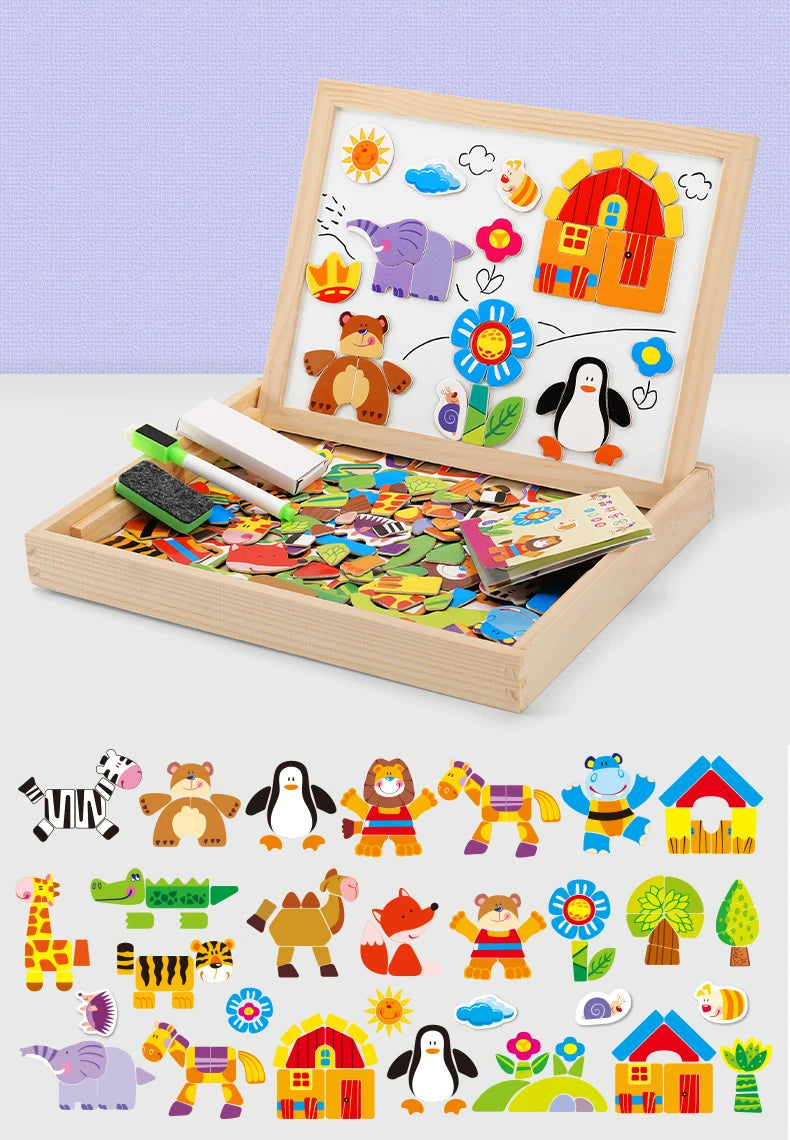 Wooden Magnetic Puzzle & Drawing Board Set