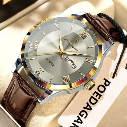 Men's Leather Quartz Watch with Date & Week Display