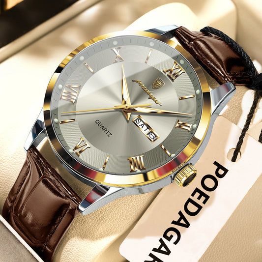 Men's Leather Quartz Watch with Date & Week Display