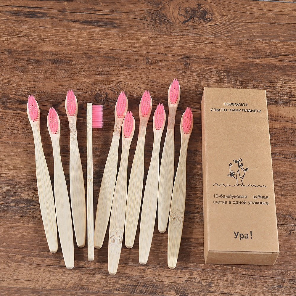 10PCS Natural Bamboo Colourful Toothbrush