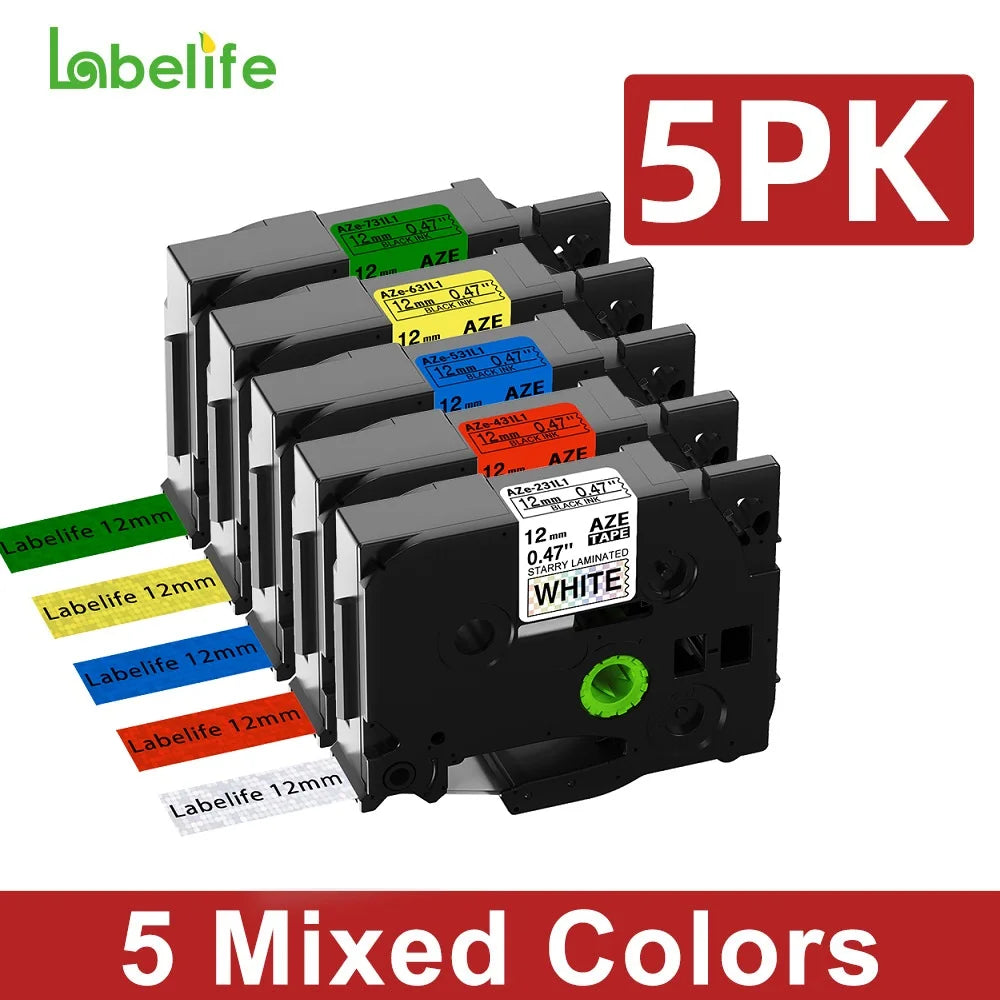 Labelife 5-Pack Compatible Brother P-Touch Label Tape Set