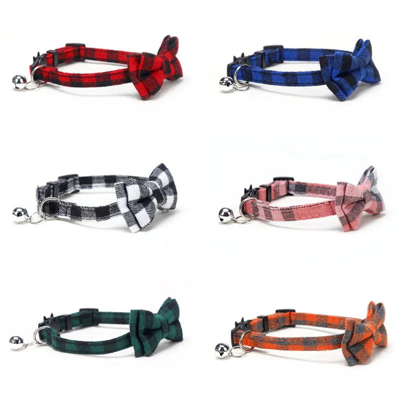 Plaid Cat Collar with Bow Tie & Bell – Adjustable Breakaway Pet Collar