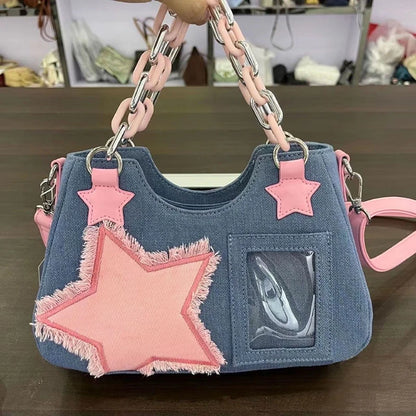 Denim Star Patch Hobo Shoulder Bag