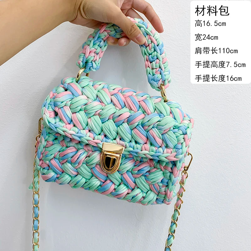 Woven Cotton Chain Crossbody Handbag