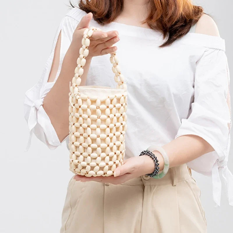 Handmade Woven Wooden Bead Bucket Bag