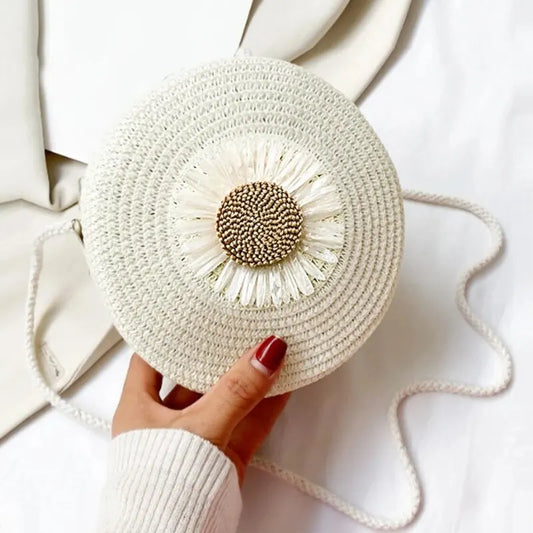 Round Floral Straw Crossbody Bag