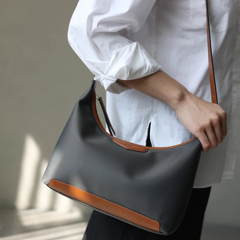 Cowhide & Nylon Hobo Shoulder Bag
