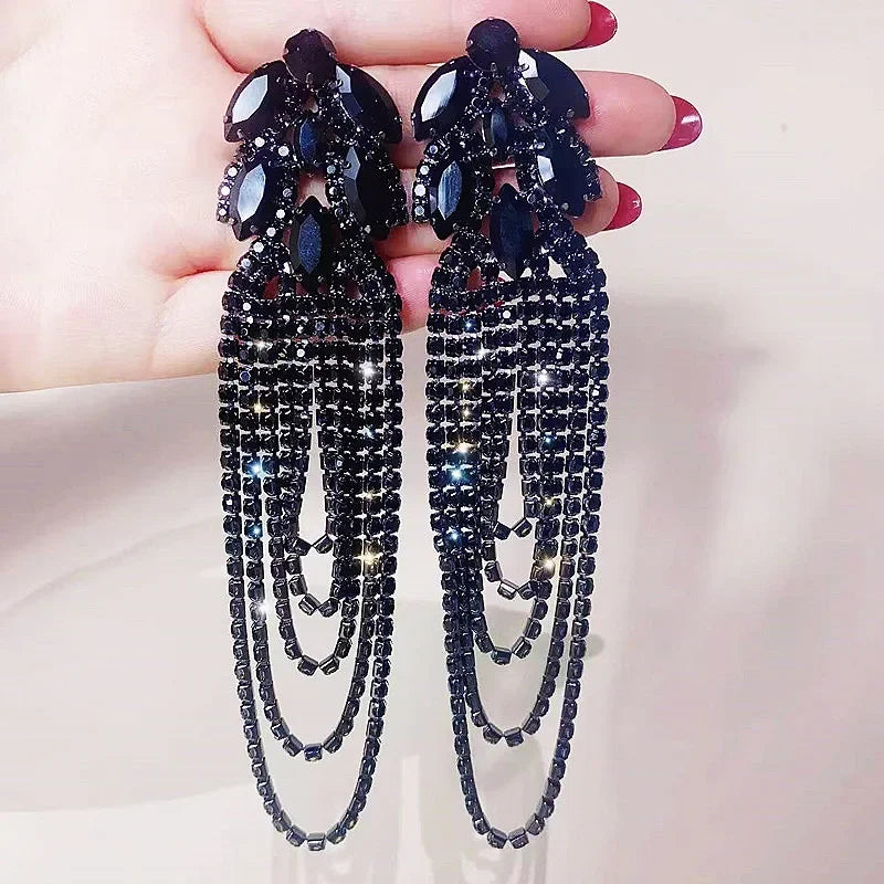 Geometric Crystal Long Tassel Earrings