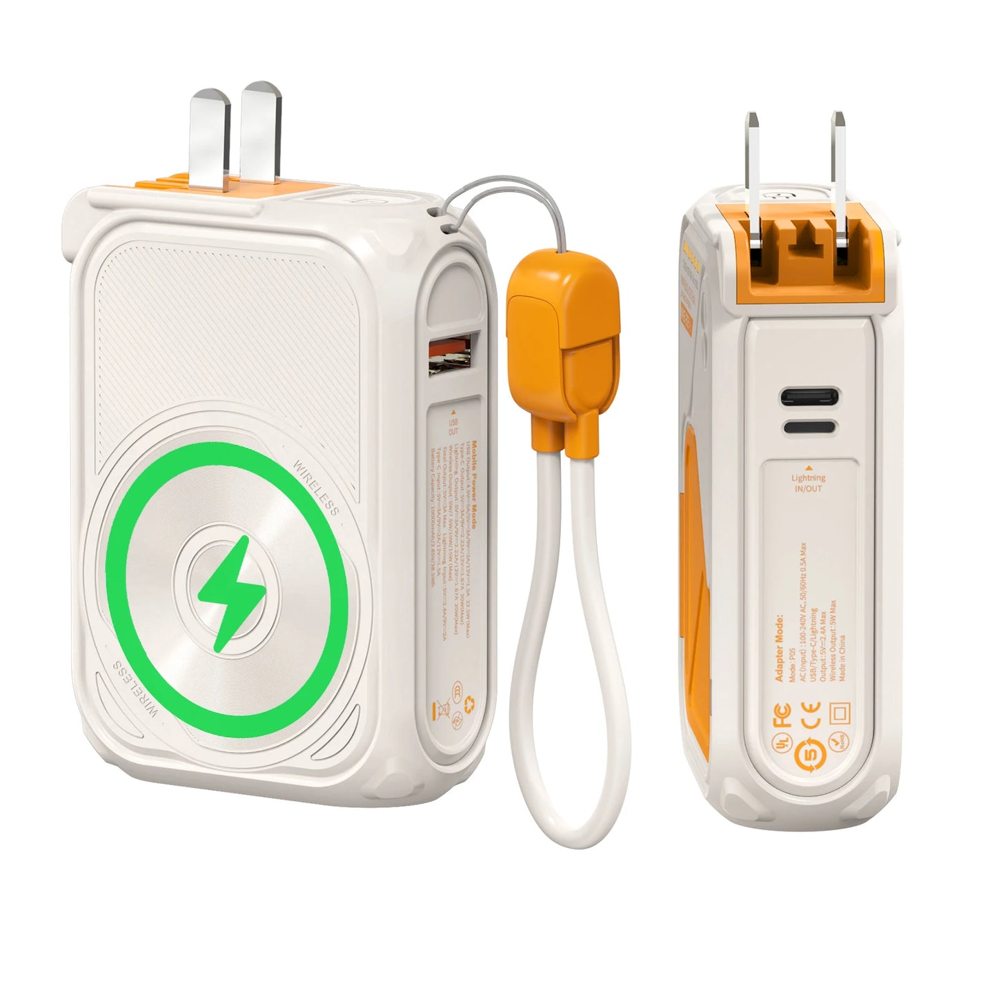10000mAh Magnetic Wireless Power Bank with Built-In Cable