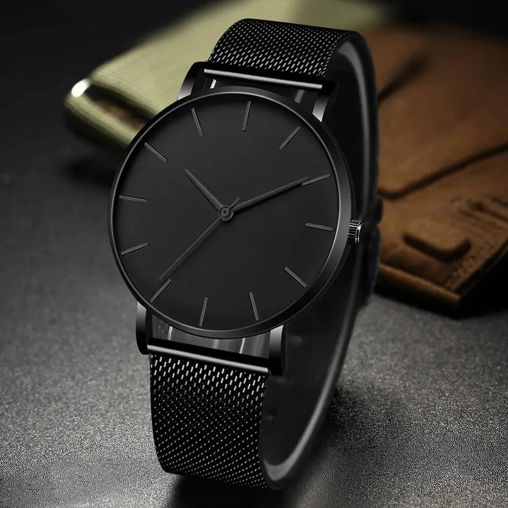 TVK Men's Ultra Thin Black Stainless Steel Quartz Watch