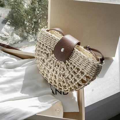 Handmade Half Moon Straw Crossbody Bag